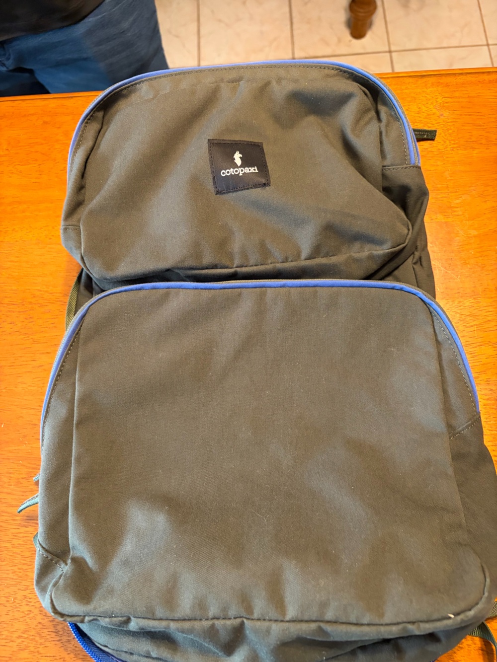 Green  backpack with blue trim - Cotopaxi Tasra (Old suitcase model) Rare!